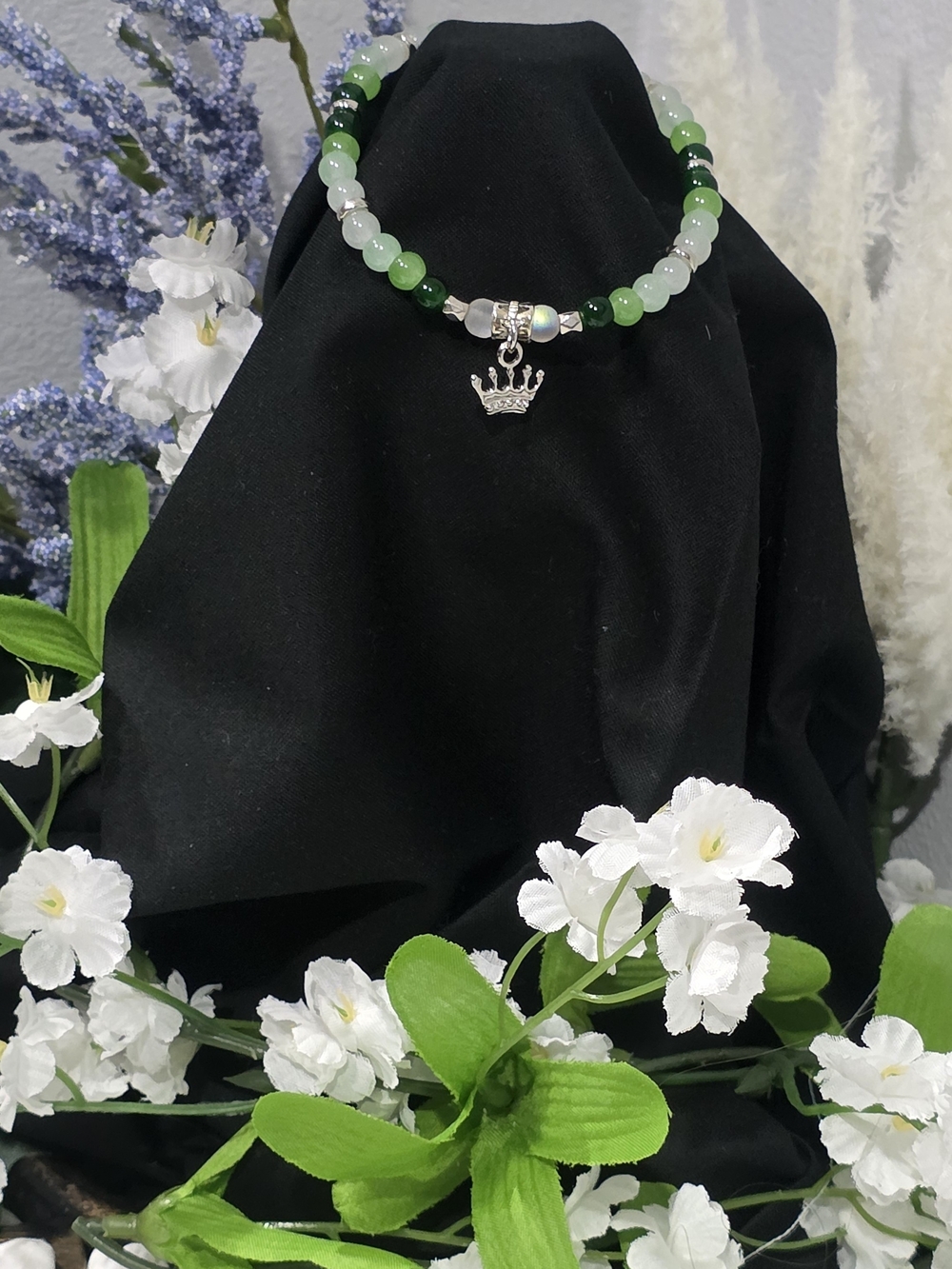 Hand Crafted Green Bead Bracelet with Silver Crown Charm